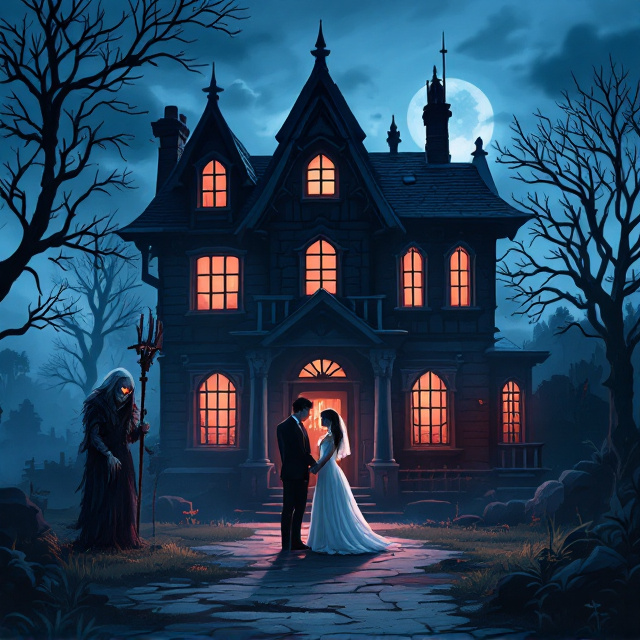An eerie, cartoonish depiction of a dimly lit, dark-blue haunted house with sharp, angular rooftops. In front of the house, a newlywed couple stands clutching each other—both visibly uneasy. The bride is dressed in a long white wedding gown, and the groom in a black tuxedo. Standing ominously in the corner near the house's side is the menacing figure of a hunched old woman with fiery red eyes, pale wrinkled skin, and a crooked shadow. She leans on a jagged wooden staff while bathed in an unnatural, blood-red glow that contrasts with the dark-blue surroundings.