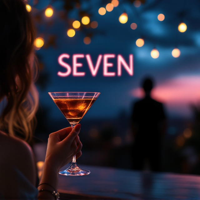A girl's delicate hand, adorned with subtle jewelry, is prominently in the foreground, holding an espresso martini with a shimmering liquid surface that reflects the dim glow of fairy lights above. The background reveals a dark blue sky, fading into a soft pink hue near the edges. Suspended fairy lights crisscross the upper half of the scene, casting a dreamy, golden light. In the distance is the silhouette of a man wearing a beanie. He stands with his back turned, slightly blurred to create a sense of mystery, within the glow of a nightclub doorway.