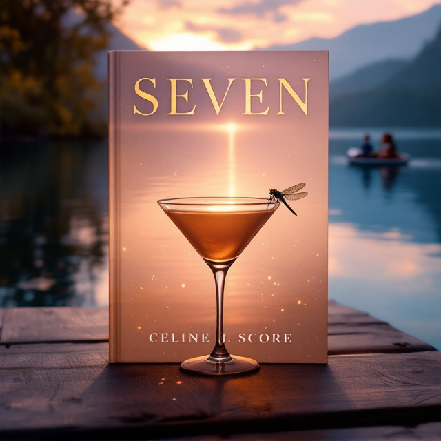 A picturesque lake scene during sunset serves as the backdrop. The dock extends from the foreground into the middle of the frame, creating depth, with an espresso martini glass prominently placed at its edge. A delicate dragonfly rests lightly on the rim of the glass, shimmering against the warm sunset light. Beyond the dock, two figures are visible in a small boat on the tranquil blue lake, softly illuminated by the golden-pink blend of the setting sun. The scene is enriched with tonal hints of magical realism, with glimmers of soft sparkling light across the lake's surface.