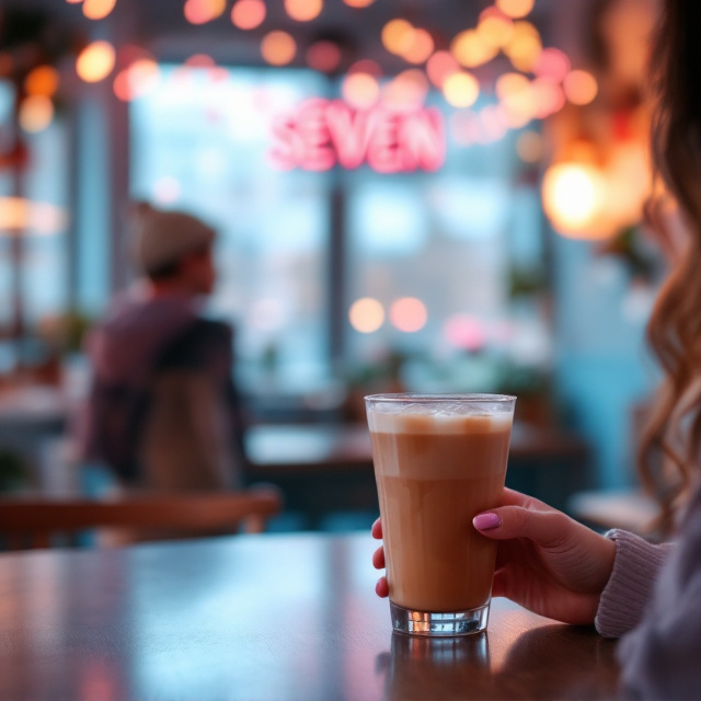 The cover presents a whimsical coffee shop ambiance with warm, soft pink and blue hues glowing in the background. A girl’s delicate hand (manicured with pastel nail polish) is prominently holding a glass of iced latte in the bottom-right corner of the image. In the middle-ground, fairy lights twinkle across the ceiling of the coffee shop, adding a magical touch. The subtle silhouette of a boy wearing a beanie can be seen standing in the distance, angled slightly away from the viewer, with blurred details to create mystery.