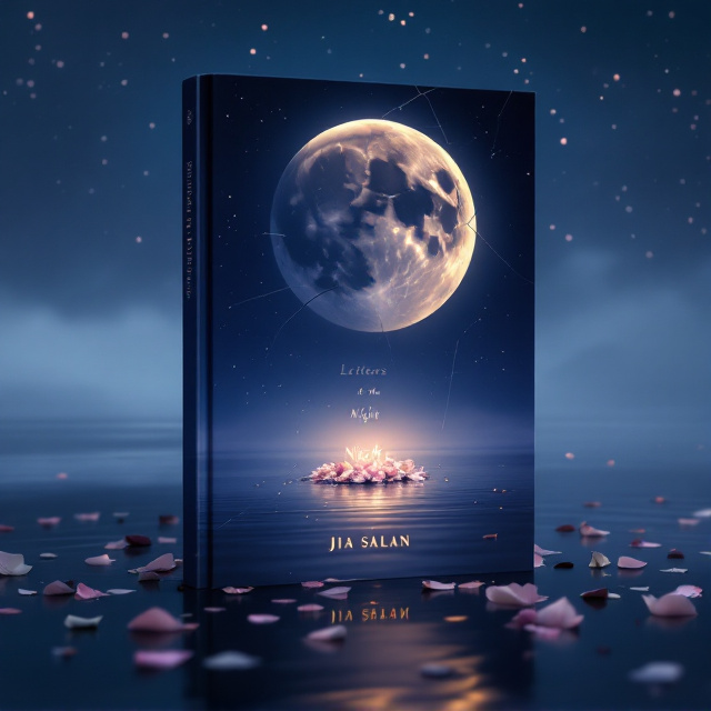 A foggy landscape at twilight with a calm ocean in the foreground. The night sky is littered with stars, and a large, glowing moon is reflected subtly in the water. A broken mirror with cracks overlapping the moon's reflection and a scattered cluster of petals float across the water. A faintly glowing letter is held within the reflection of the moon as though written by the night itself.