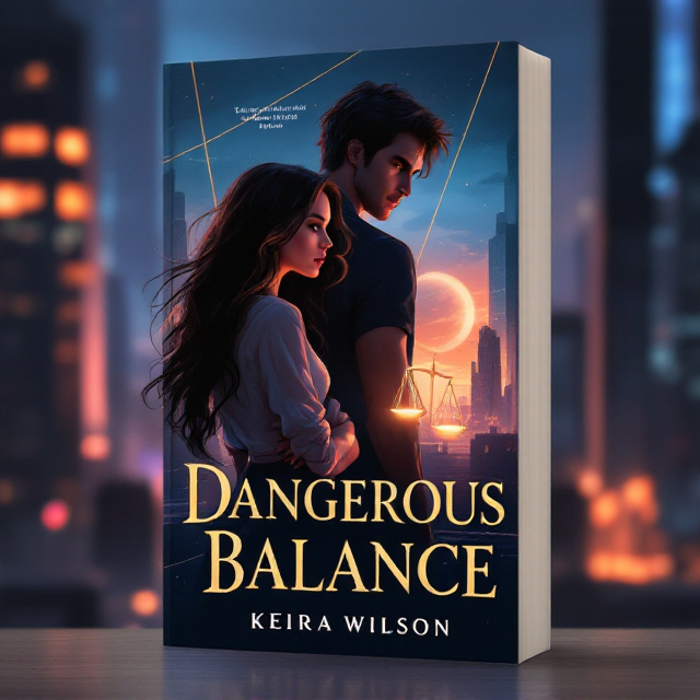 The cover features an illustrated view of Luna and Liam standing in an intimate yet non-verbal pose. Luna, depicted with long wavy hair, confident stance, and determination radiating from her crossed arms, is positioned in the foreground. Behind her, Liam, tall and brooding with dark hair, exudes mystery as he watches Luna with a subtle, teasing smirk. The background is a softly glowing dusk cityscape with warm streetlight halos casting neon reflections off sleek building surfaces. A subtle golden set of justice scales faintly overlays the cityscape, blending into the dusk sky. A delicate, glowing thread diagonally cuts across the cover, symbolizing the precarious tightrope Luna is walking between love and survival.