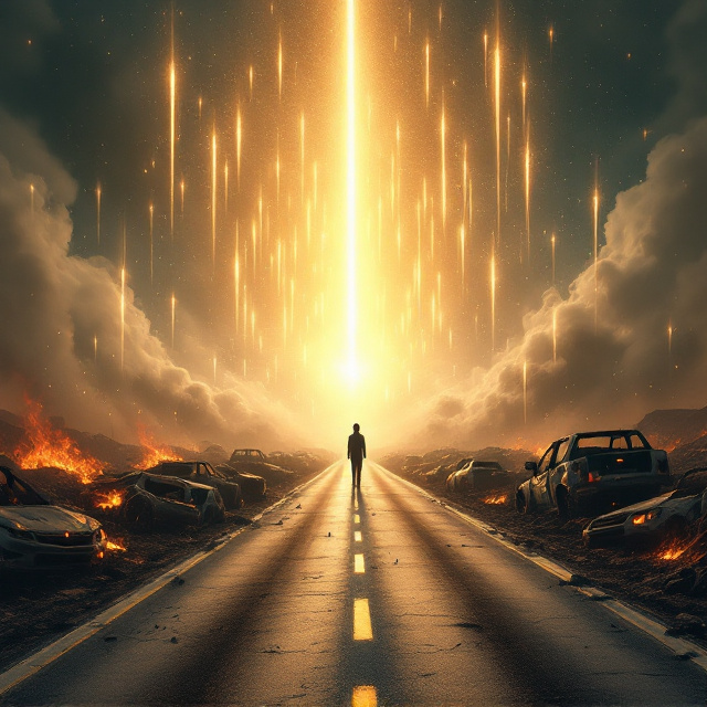 standing book mockup, Its title is "Arrebatamiento Inminente ". Its author name is Obispo. Dra Liliana Passuello de Cuzzolino.  A visually captivating cover design featuring a lone road stretching from the foreground's bottom to the vanishing point at the top of the image. On the sides of the road, wrecked cars and vehicles burn with a faint orange glow, while smoke rises from a crashed airplane in the distance, creating a sense of recent chaos. The road leads toward a radiant divine light in the sky, which occupies the upper third of the illustration. A solitary figure stands in front of the light, their form small but central, surrounded by an ethereal glow that obscures their face. Around the scene, comet-like glowing lights ascend into the divine light, leaving shimmering trails in a soft brown and golden palette. The book's title, "Arrebatamiento Inminente," is set in a bold serif font with radiant gold gradient effects, subtly glowing as if touched by light. Below it, the author's name, "Obispo. Dra Liliana Passuello de Cuzzolino," appears in a modern, clean sans-serif font in a soft muted brown to harmonize with the cover’s color palette. The title occupies the upper center of the cover, while the author's name is in smaller text at the bottom., The road extends vertically from the bottom edge to the top, dividing the image into symmetric halves. Wrecked vehicles and debris line both sides of the road while ascending glowing lights are scattered throughout the scene at varying levels. The title "Arrebatamiento Inminente" appears in the mid-upper quarter above the figure and divine light, drawing attention to the climactic center of the cover. The author's name is placed in a smaller, centered bottom section. The colors flow smoothly from dark earthy browns in the foreground to brighter, radiant lights in the background to create the hopeful transition.