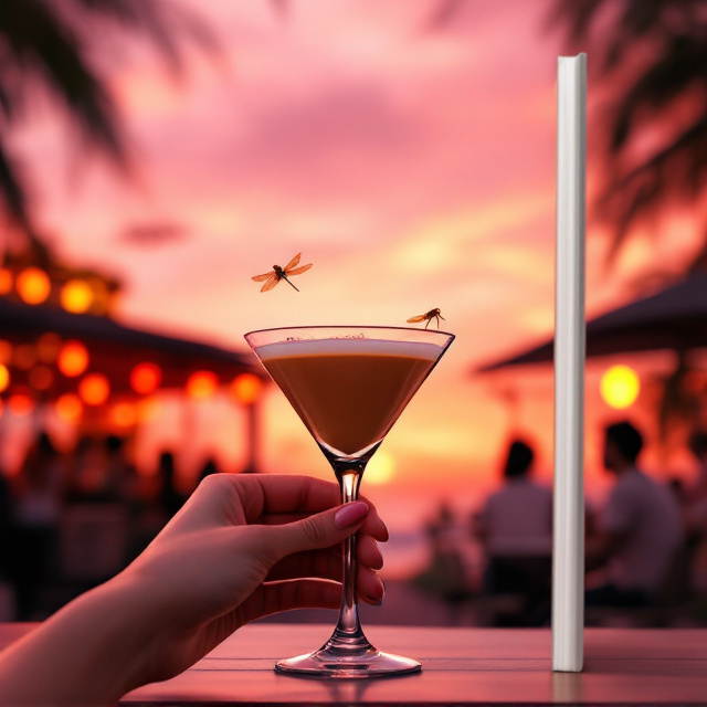 A vibrant scene of a girl's delicate hand elegantly holding an espresso martini with its frothy top glistening. The background features a soft pink and orange gradient sky, depicting a magical summer sunset. The outdoor bar lies in the middle ground, bustling with silhouettes of people enjoying their evening. A dragonfly is suspended mid-flight close to the foreground near the martini glass, its wings shimmering discreetly in the fading sunlight. Far off, there’s the vague figure of a man with his back to the viewer, wearing a dark-colored beanie, adding mystery. The overall lighting is warm and gives a dreamy romantic aura.
