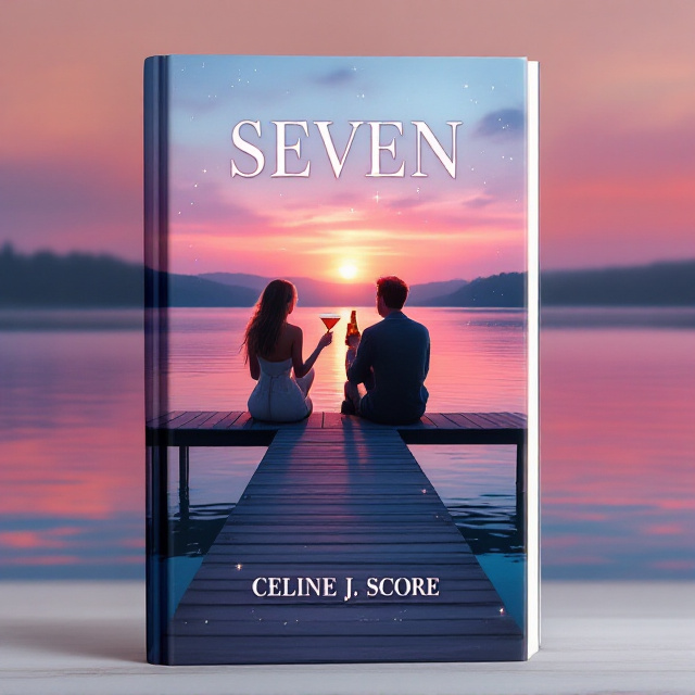 A serene dock extends horizontally over a tranquil lake with its clear blue water reflecting the majestic pink sky at sunset. Silhouetted against the warm hues of the sky are a girl and a boy sitting side by side on the dock with their backs facing the viewer. The girl holds an espresso martini in her hand, lifted mid-cheers towards the boy's beer bottle. Soft lighting lends a magical and romantic atmosphere, while subtle sparkles twinkle in the air, adding a hint of mystery and enchantment.