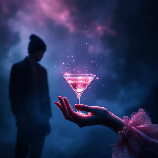 The cover showcases a mysterious dark-featured scene. In the foreground, a delicate and elegant girl's hand is extending from the lower right corner of the design, gracefully holding an espresso martini glass. The martini glass has a magical, shimmering dark pink hue that emits ethereal sparkles. Further into the background, a shadowy male figure wearing a beanie stands on the far left, facing away from the viewer, shrouded in deep, moody blues. The backdrop features a gradient wash blending midnight blue and dark pink tones, textured faintly with abstract, smoky patterns to evoke a dreamy atmosphere.