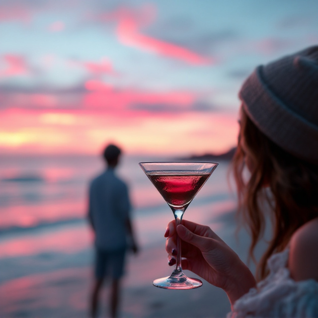 A scenic beachside at dusk forms the background. A close-up of a girl’s hand elegantly holding an espresso martini is placed on the right side of the frame in the foreground. In the distance, slightly blurred, a boy wearing a beanie stands with his back turned to us, right near the water, surrounded by pink hues from the sunset blending into darker blue tones. The setting evokes romance, summer fun, and lighthearted connectivity.