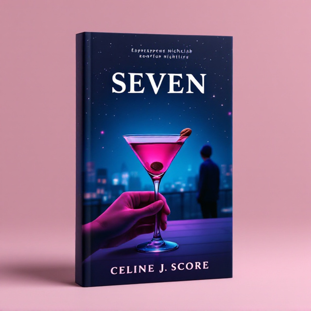 The cover features a hand delicately holding an espresso martini glass with a coffee bean floating in the drink at the center of the image. The vibrant dark pink tones of the drink contrast against a deep dark blue background that mimics a nighttime rooftop scene. A distant figure of a boy wearing a beanie is positioned slightly off-center in the background, turned away with his back toward the viewer, blending into the starry sky which sparkles subtly with scattered starlight. The rooftop nightclub is suggested by a faint, blurred outline of square and linear architectural shapes fading into the vivid gradient of dark pink and navy hues.