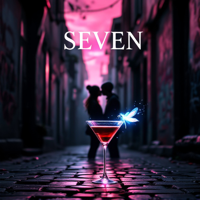 The cover showcases a dark alley with cobblestone pavement bathed in a dreamy pink sky, setting an intriguing tone. In the background, slightly blurry but still discernible, we see a girl kissing a boy wearing a beanie. The espresso martini is in the foreground, precisely placed on the ground, with a magical, glowing dragonfly perched on its edge. The dragonfly radiates vibrant colors, casting soft light around the glass, drawing the reader's eye. The alley walls are textured and graffitied to create atmosphere, with urban shadows intermixing with the warm pink hues of the twilight sky.
