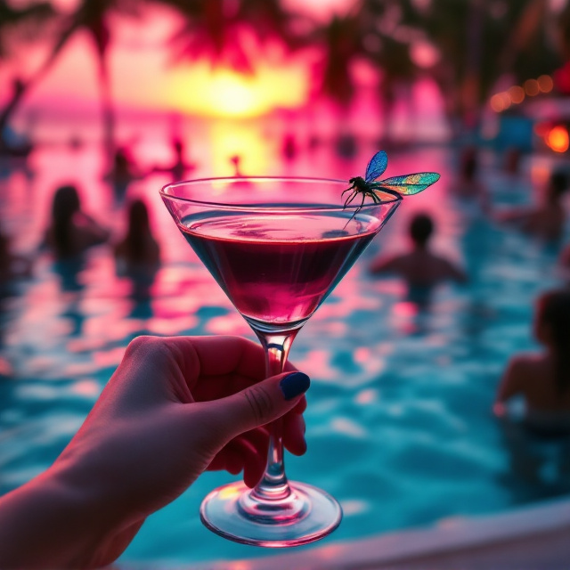 A close-up view of a girl’s hand holding an espresso martini glass, the rim decorated with a colorful dragonfly perched delicately on the edge, with the clear blue water of a pool as the background. The reflection of a vivid pink sunset casts hues across the water. In the background, silhouettes of young adults celebrate, some floating in the pool with beer bottles in hand, blending seamlessly into the summery, carefree ambiance.