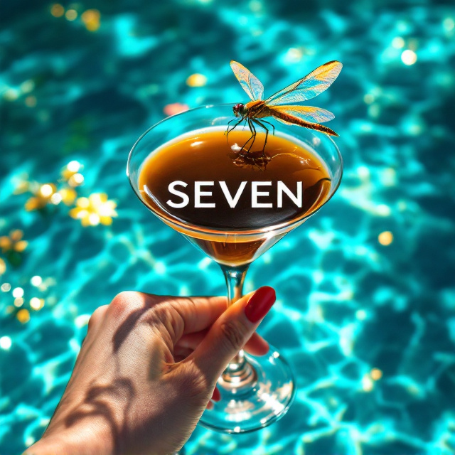 A close-up shot of a girl’s delicate hand holding an espresso martini with a clear, shining, textured azure blue water background. A vibrant and iridescent dragonfly perches on the rim of the martini glass, its translucent wings catching glints of sunlight. A warm summer glow emanates subtly, enhancing the light and airy mood. The shadows of leaves fall lightly over the water, adding depth.