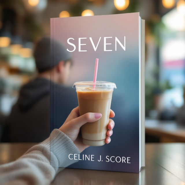 The cover features a soft, blurred coffee shop interior as the background, with warm lighting creating a cozy atmosphere. Front and center, a girl’s delicate hand is holding an iced coffee in a clear plastic cup with a light pink straw. Far in the background and slightly off to the side, a silhouette of a boy wearing a gray beanie is visible with his back turned to the reader. The colors are dreamy, leaning heavily on pastel pinks and blue gradients for a romantic and youthful vibe. The iced coffee is glossy and subtly highlights the details in the light reflection.