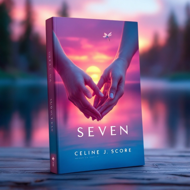 Two hands, delicate and intertwined, are prominently displayed in the center of the cover, subtly backlit by the soft glow of a blazing pink-orange sunset. The hands are set against a tranquil, crystal-clear blue lake that reflects the sunset hues. A small, colorful dragonfly is hovering near the hands, adding a touch of whimsy and nature. The background fades out to reveal blurry silhouettes of trees on the horizon. The sky, awash with gradients of magenta, pink, and lavender, creates a dreamy, romantic ambiance.