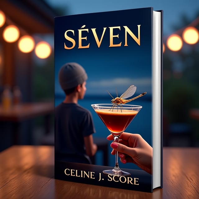 A glossy espresso martini glass is prominent in the foreground, held delicately by a hand with painted nails. A shimmering dragonfly rests on the rim of the glass, its wings glistening with light glitter that extends slightly upward into the dark blue sky above. The background shows the vague silhouette of a teenage boy wearing a gray beanie, standing far away at an outdoor bar, facing away as soft string lights illuminate the scene. The sky behind him transitions from dark blue into faint hues of golden summer twilight.