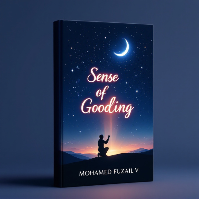 A serene dark blue night sky filled with faint, twinkling stars and a soft glow of the crescent moon dominating the top-center of the cover. At the bottom-right, a lone silhouette of a believer kneeling in submission on a slight hill with hands raised in prayer. A radiant beam of light descends subtly from above, creating a divine connection to the believer. The book title, "Sense Of Goodness," is placed prominently near the center in a glowing, elegant script, with the subtitle subtly outlined beneath it. The author's name "MOHAMMED FUZAIL V" is displayed near the bottom in capital letters.