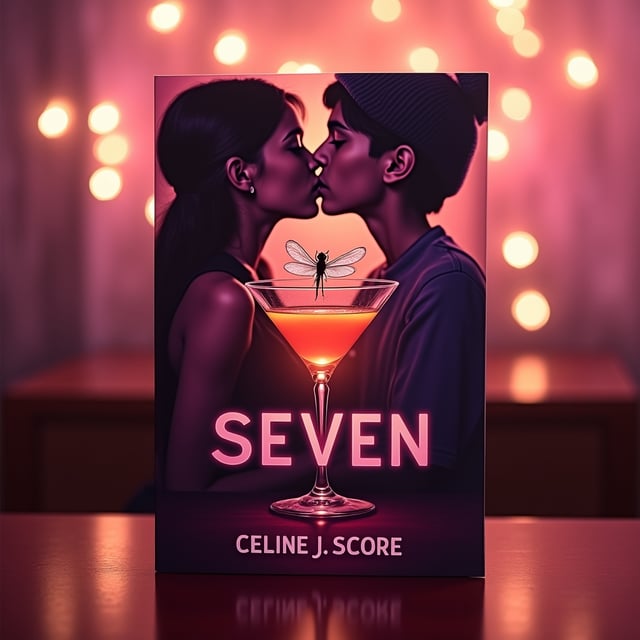 The centerpiece is an espresso martini glass with a delicate, glowing dragonfly perched on the rim. The dragonfly's wings shimmer with faint hues of pink and gold. In the hazy, blurred background, a girl and boy are captured mid-kiss in a dimly-lit nightclub scene, with twinkling fairylights suspended overhead. The boy is wearing a slouchy beanie, contrasting with the nightclub's vibrant atmosphere. A warm, summery pink gradient dominates the background, blending with streaks of gold and soft white light.