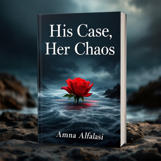 A turbulent stormy sea with waves crashing against jagged rocks below a dark, moody sky. A single delicate red rose floats on the water, symbolizing the contrast between chaos and tenderness. Subtle gradient lighting highlights the rose amidst the chaos, creating a focal point that balances the tumultuous background.