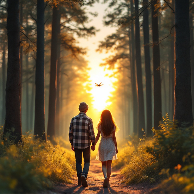 A serene forest with tall trees dominating the background, their tops extending off the page. The golden-pink hues of a glowing sunset light up the horizon, blending into a soft, skywashed pink that filters through the trees. In the foreground, a teenage boy in a flannel shirt and beanie and a girl in a sundress are strolling away from us, hand in hand, with their backs turned. A small, vivid dragonfly flutters mid-frame, near the top right corner. The forest path beneath them is soft with patches of grass and wildflowers, forming a dreamy countryside scene.