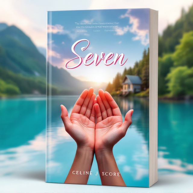 Two hands are holding each other in the center of the frame, situated in front of a stunning lake with crystal-clear blue water. A serene sunset bathes the scene in warm hues of pink and orange, reflecting gently off the lake’s surface. In the background, a quaint cottage sits amid lush greenery, providing a tranquil backdrop. The scene feels youthful and romantic, evoking a sense of summer fun.