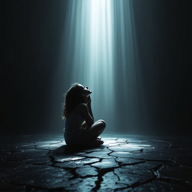 A young girl sits on a dark, textured floor, curled into herself, with her knees drawn up. Her face is turned upward, bathed in a soft, ethereal beam of light descending from above. The surroundings are shadowy and foreboding, filled with vague silhouettes and streaks of darkness, symbolizing fear, emptiness, and sadness. But the beam of light, glowing intensely where it strikes her face, introduces hope and relief, juxtaposing the heavy atmosphere. The floor appears cracked, representing emotional fragility, while the light is almost tangible, breaking through into the darkness.