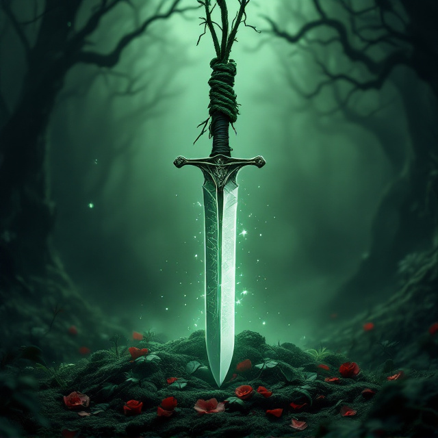 A dark green background with a misty, shadowy forest blending into swirling tendrils of magical energy. In the foreground, a gleaming silver dagger is embedded into the ground, its hilt wrapped in twisting vines. Above the dagger, a noose dangles ominously from the frame, subtly frayed and glowing faintly with magical symbols. Scattered around the base of the dagger are faint rose petals tinged with blood. The entire scene is illuminated by a pale, enchanted moonlight casting long shadows, heightening the feelings of mystery and fear.