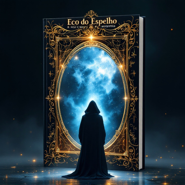 A mysterious figure stands in front of a large, ornate mirror. The mirror reflects a misty, abstract golden aura, while the background inside the mirror glows in shades of deep, mesmerizing blue. Around the mirror frame, intricate golden carvings and patterns, like ancient symbols or vines, create a sense of intrigue. The outer edges of the cover are slightly darkened to enhance the glow radiating from the mirror. Subtly faded patterns, like layers of historical parchment or ancient art, overlay the rest of the cover.
