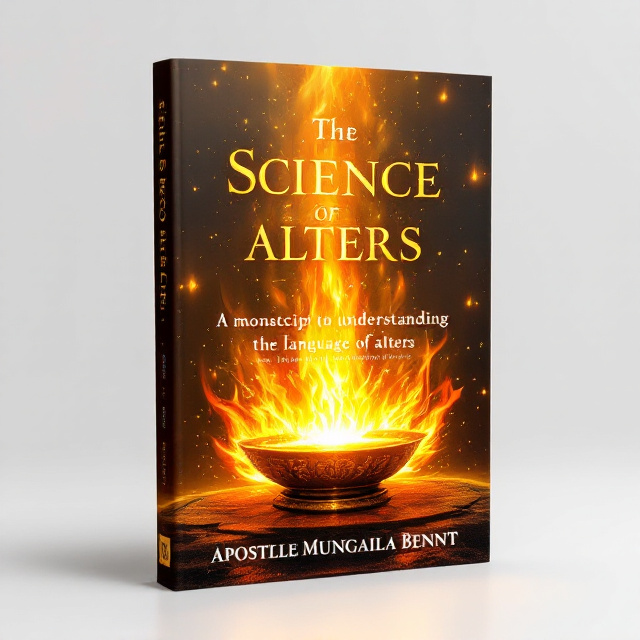 A golden altar at the center with flames rising from it, glowing intensely, depicting an ethereal and spiritual theme. The background is a mix of deep blacks and smoky textures dissipating into hints of red and orange, symbolizing energy and transformation. Light rays radiate from the altar, giving the book a divine appearance. Small ancient script-like symbols faintly etched into the flames, subtly representing the "language of alters.".