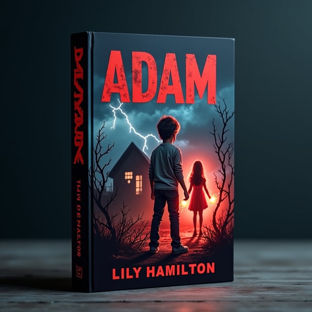 A distressed and exhausted boy, Adam, stands at the center of the cover, his figure slightly hunched as though carrying the weight of the world. Behind him in the dimly-lit background lies a run-down home with shattered windows, symbolizing his abusive past. A faint silhouette of a shadowy figure (representing the evil doctor) looms menacingly in the distance. To Adam's right, in contrast to the dark tones, a glowing girl, Lily, stands as a symbol of hope and power. Both hands radiate energy in soft crimson and white, subtly illuminating Adam. A tangle of thorny vines surrounds them as though communication danger while hinting at their struggle to escape. A stormy sky looms above, with streaks of lightning emphasizing tension and drama.