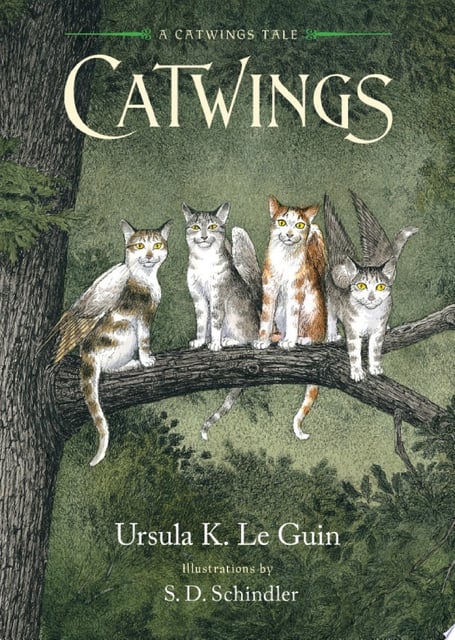 The cover features four winged cats perched on a tree branch, surrounded by a lush green forest background. The cats are drawn with intricate details, highlighting their wings and expressions, creating a magical and adventurous scene.