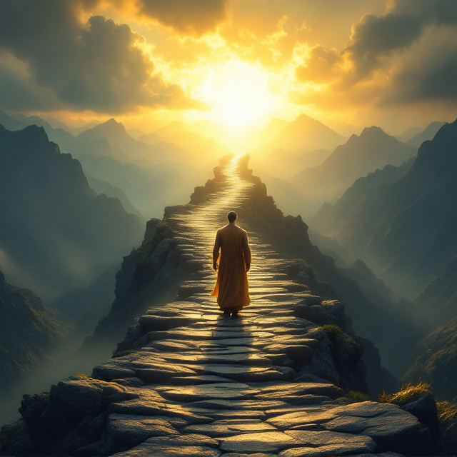 A lone, muscular figure with a powerful, resolute stance is positioned at the base of an ancient, winding stone path. The path ascends steeply into the distance, disappearing into the horizon where a glowing, radiant golden light hints at the sun's rise over a majestic mountain range. The sky above dominates the composition, dramatically divided between a stormy, ominous cloudbank to the left and bright, golden, heavenly light to the right—an iconic visual of contrast. The mountainsides on the fringes fade into shadow, creating a sense of depth and mystery. The man standing at the start of the path is dressed in simple, monk-like robes with a faint ethereal glow, emphasizing his inner power and spiritual stature. His shadow is elongated behind him, subtly dissolving into mist.