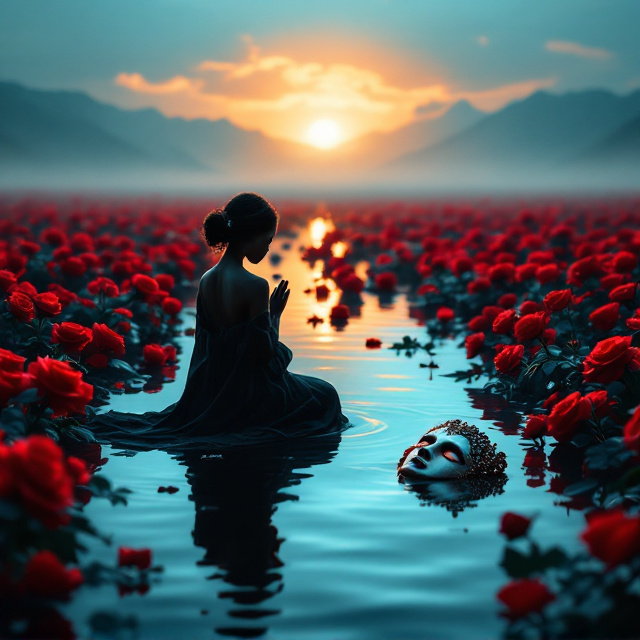 A serene yet emotional image of a silhouette of a kneeling black mother in a flowing, symbolic dress. She is praying in the middle of a vast, flooded rose field. The roses float gently on the water, their vivid red contrasting with the dominant blue tones of the scene. The faint outlines of a beautiful, intricately detailed mask rest beside her on the water, partially submerged. The horizon shows a glowing sunrise, with golden rays breaking through the darkness, symbolizing healing and hope. Light ripples on the water create reflections of the roses and the praying figure.