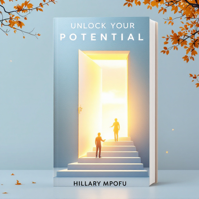 A glowing, oversized key extends diagonally across the cover. The key visually "unlocks" a luminous, slightly ajar door that radiates radiant golden light. A soft gradient of blue transitions into white near the center, symbolizing clarity and growth. A silhouette of a human figure ascending minimalist, clean stairs toward the door is placed subtly within the scene. Sparse tree branches with gold leaves frame the composition, evoking growth and potential.