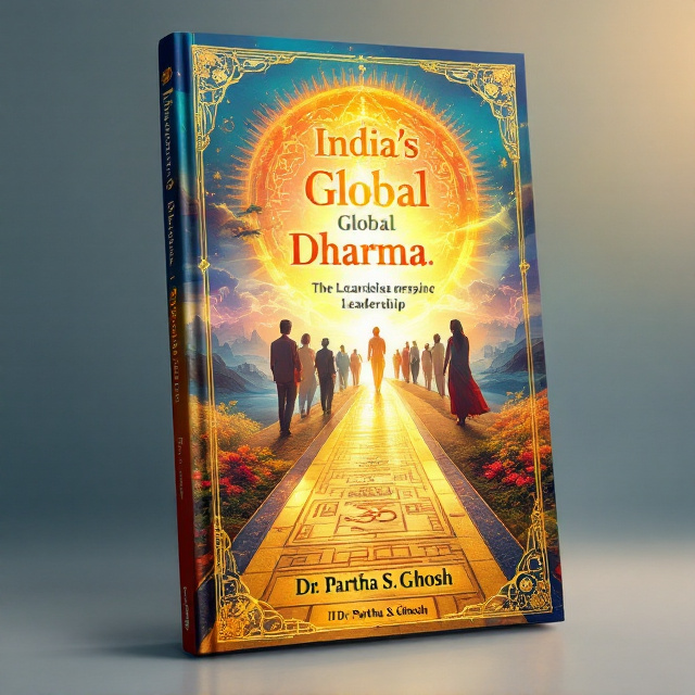 A serene and vibrant background captures the essence of Hindu Sanatan Dharma with a colorful gradient mixing shades of blue, gold, and saffron hues. The central element will feature a golden path resembling a divine journey, extending into a horizon with subtle depictions of symbolic Hindu elements like the Om symbol, a blooming lotus, and the Bhagavad Gita. Faint silhouettes of professionals in traditional and global attires emerge gracefully from this path, symbolizing how Hindu teachings inspire leadership. The border will have intricate traditional patterns resembling temple carvings.