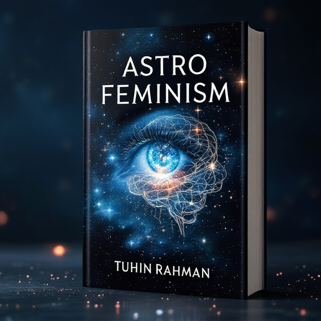 A deep celestial sky strewn with shimmering stars and nebula swirls forms the background. A woman's eye, cosmic and ethereal, emerges in the center with constellations delicately intertwining through her gaze and eyelashes. Below, a silhouette of a brain flickers with galaxy imagery, symbolizing intelligence and female empowerment. Flowing banners representing liberty form an abstract representation, intertwining with the cosmos, symbolizing freedom and universal connection.