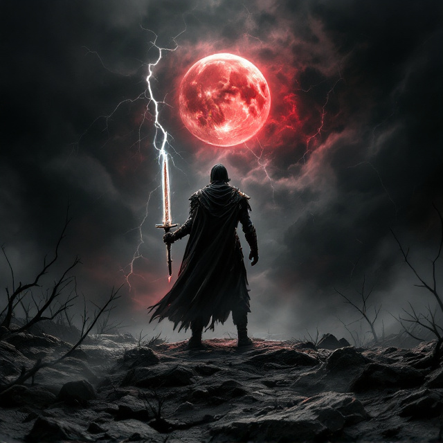 A solitary warrior stands amidst a barren, storm-swept landscape bathed in shadow. He holds a sword with glowing ancient inscriptions, its light casting a faint aura. Surrounding him is a black-toned sky torn apart by a raging storm with jagged lightning bolts, revealing glimpses of a blood-red moon half-obscured by storm clouds. The warrior's posture conveys determination but also isolation, with his stance defying the ominous forces that loom in the background.