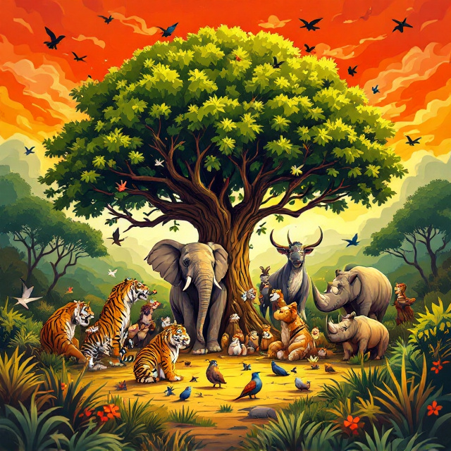 An imaginative scene of various animals gathered under a large, iconic tree in the heart of Kaziranga National Park. A tiger, an elephant, a rhinoceros, and various birds are depicted in lively discussions, symbolizing the "Mahashabha" or grand meeting. The vibrant tones of green, brown, and gold contrast beautifully with a fiery red sky in the background, suggesting warmth and energy. The national park landscape is dotted with shrubs, swaying grass, and smaller creatures to evoke a sense of adventure and wonder.