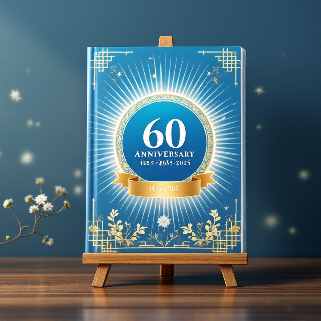 A clean and modern design featuring a vibrant blue background, symbolizing wisdom and harmony. The elements include a circular emblem showcasing Chinese characters, overlaying traditional scroll motifs at the corners. In the center, a subtle portrayal of school publications in grayscale overlays a commemorative banner with "60th Anniversary (1965-2025)" delicately embossed. Rays of soft illumination radiate outward, suggesting the idea of promoting and expanding education.