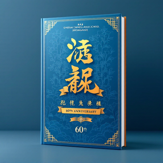 A serene blue background symbolizes stability and progress, with traditional Chinese characters in a calligraphic style prominently centered. The background subtly features an embossed map motif of Birmingham with overlays of iconic Chinese cultural patterns like clouds and bamboo. At the bottom, a celebratory emblem indicating the "60th Anniversary" is displayed in gold. A horizontal banner with the Chinese character "教育" (education) runs along the middle section, bringing focus to the topic.