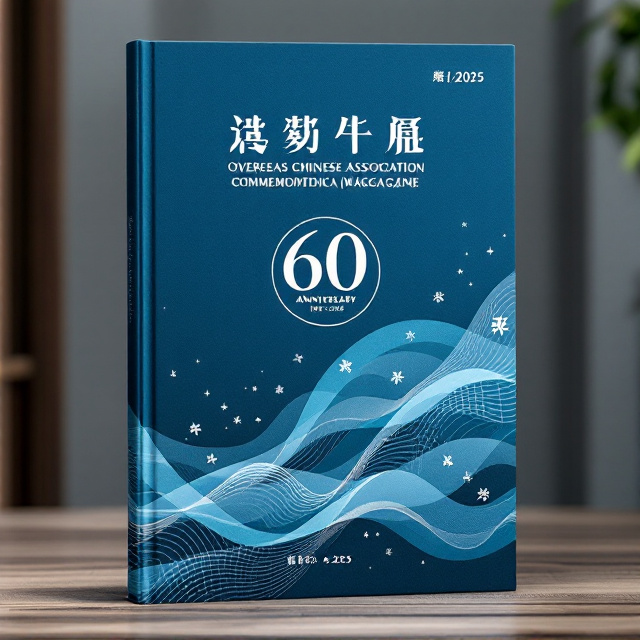 The cover features a deep blue background with subtle gradients. An elegant image of a calligraphy brush crossed with a pen, overlaying faint outlines of Mandarin characters, represents the dual nature of teaching Chinese language and culture. A circular stamp-like emblem with "60th Anniversary Commemorative Magazine (1965-2025)" is placed near the center, while diagonal waves in pastel blue create movement across the design, symbolizing growth and progress.