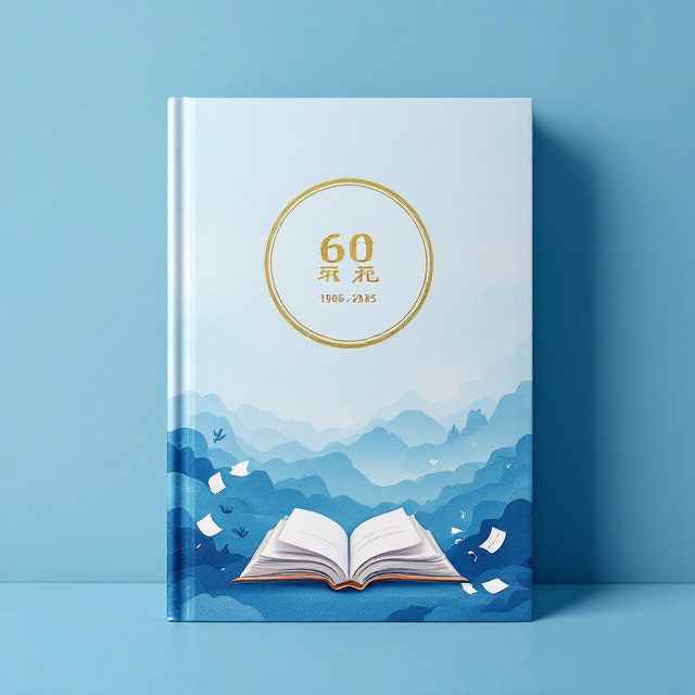 A serene blue background that gradients from deep ocean blue at the top to light sky blue at the bottom. A delicate illustration of a Chinese temple outline centred at the top, with subtle watercolor brushstrokes evoking its historical essence. The center features a bold circular emblem encased in golden tones, showcasing the "60th Anniversary Commemorative Magazine (1965-2025)" text. Beneath the emblem, subtle illustrations of an open book and flying pages create a dynamic visual texture reflecting the themes of learning and education.