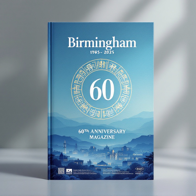 The cover features a tranquil and sophisticated blue gradient background, symbolizing depth and knowledge, transitioning from light blue on the top to darker shades on the bottom. A polished and bold Chinese emblem is prominently placed in the center, encapsulating Chinese cultural motifs like traditional patterns or calligraphic brush strokes. Around the emblem is a ring containing the dates "1965-2025," marking the 60th Anniversary. At the bottom of the cover, a subtle image of Birmingham’s cityscape shows integration of history and education. Elements are clean and symmetrical, reflecting conciseness and professionalism.