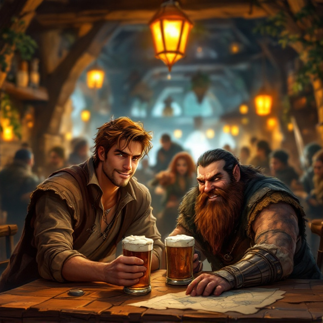 A lively medieval inn scene illuminated by warm, golden lantern light. In the foreground, a tall, rakishly good-looking human adventurer with chestnut hair sits at a wooden table, his hand resting on a tankard of ale. Beside him stands a short, burly dwarf adventurer, his presence imposing despite his height, with black hair and a braided beard. Both are depicted grinning and confident, suggesting camaraderie. Behind them, the inn's bustling patrons provide a blurred background of whimsy and action, among them a bard singing, a couple engaged in a sword duel, and mysterious cloaked figures. The inn’s interior details include timber beams, stone walls, and scattered parchment maps across tables.