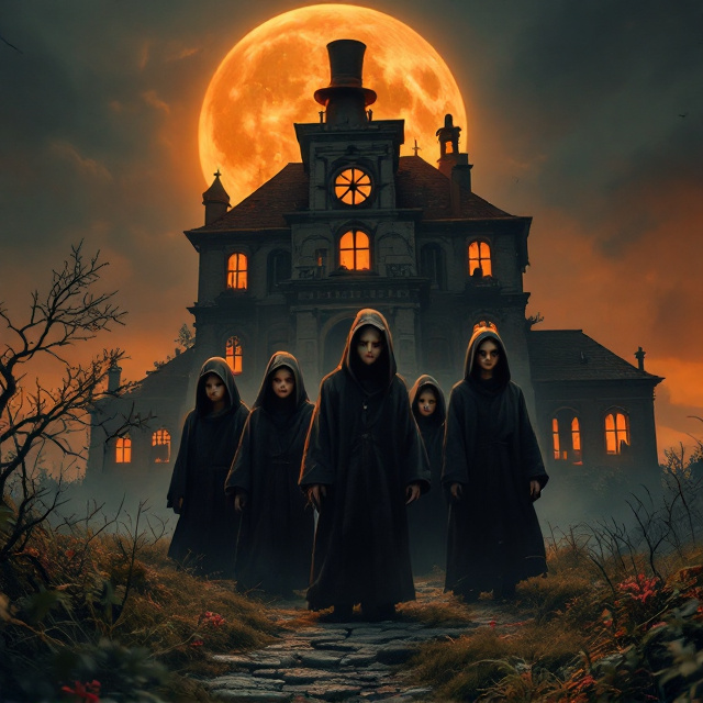 An eerie hilltop setting with a brown orphanage, its windows shattered and roof slightly crooked, looming in the backdrop. Illuminated by the faint orange glow of a crescent moon, the orphanage portrays a worn, haunted feel. At the center of the foreground are four children in black hooded robes standing stoically, their faces unnervingly hidden in shadows but their stances exuding a sense of defiance. Behind them, partially obscured and almost blending into the night, a sinister man in crimson clothing, a tall top hat cutting through the moonlight, is depicted with an unsettlingly wide, evil grin. Texture overlays hint at fantasy as swirls of mist curl over the hill and across the figures.