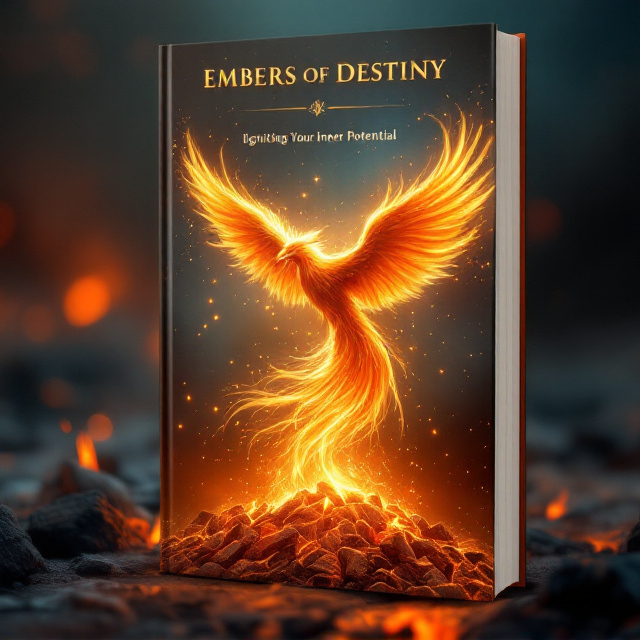 A glowing phoenix rising from a bed of smoldering, glowing embers. The phoenix is depicted mid-flight, ascending towards a softly glowing aura of light, symbolizing rebirth and potential. The background fades from deep reds and oranges at the bottom to calming blues and whites at the top, representing the transition from struggle to triumph. Light sparks and embers dance upward, blending with the phoenix's wings.