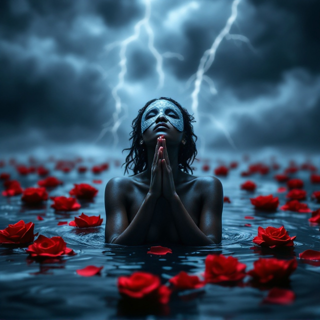 A striking image of a Black woman standing in the middle of a stormy flood, looking upward with her hands clasped in prayer. The stormy sky is painted in dramatic hues of blue and gray, with streaks of lightning illuminating the scene. Surrounding her in the water are semi-submerged, vivid red roses, their petals trailing behind her in motion. The image conveys a sense of vulnerability yet hope. Her face is partially obscured by a decorative, cracked porcelain mask that subtly reveals her true emotions beneath.