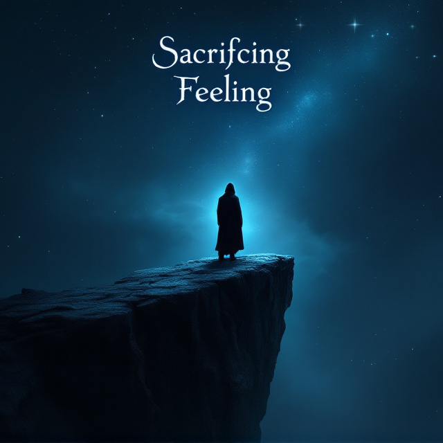 A dark and haunting night sky with a gradient of black fading into deep blue creates the background. Subtle sparks of light, dust-like scattered stars, and faint magical auras glow across the backdrop, enhancing the mystical atmosphere. At the center, an individual cloaked in shadow stands at the edge of a jagged cliff, looking out over an endless void. Their posture is solemn, embodying a heavy resolve. The cliff edge is illuminated by a dim, ethereal, and bluish light, giving a somber yet magical feel.