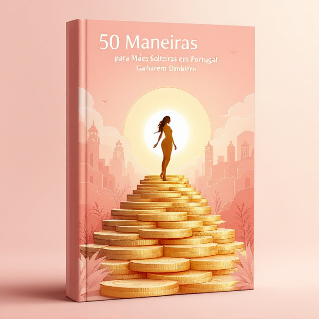 The cover features a soft, minimalistic color palette of pastel pink and gold, symbolizing empowerment and optimism. In the foreground, a single, stylized silhouette of a confident woman is walking up a shimmering, golden staircase made of euro coins. The staircase leads toward a radiant, warm sun in the background. Overlaying the illustration are subtle outlines of Lisbon's iconic architecture in the corners to signify the Portugal setting. The overall illustration has gentle curves and flowing elements to exude a sense of positivity and motion.