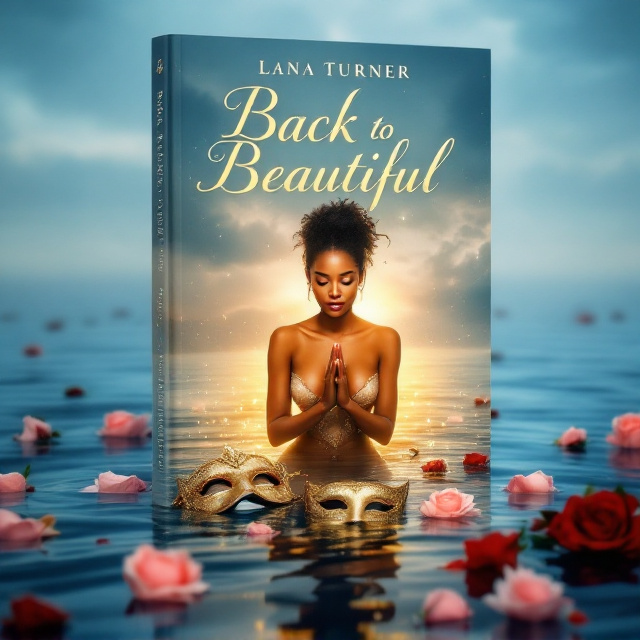 A black woman kneels at the center of the cover with hands folded in prayer. She is surrounded by a golden, ethereal glow that softly illuminates her face and figure. A luxurious masquerade mask rests discarded near her knees, partially submerged in softly rippling floodwaters, which taper off into a peaceful horizon with a cloudy sky clearing. Scattered pink and red roses, some floating and some slightly submerged in the water, bring a delicate pop of color to the blue-toned floodwaters. The overall color palette is dominated by serene blues and gentle golds, while the red and pink of the roses lend emotional contrast. The image features a gradual vignette effect around the edges, naturally drawing the eye inward.