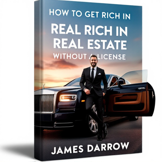 A luxurious Rolls Royce Phantom parked under a soft gradient blue and red sunset sky. The focus is on the car with the passenger-side rear door elegantly ajar, showcasing its lavish interior. A confident gentleman wearing a tailored black suit and tie stands on the driver's side with his foot resting on the front bumper and a broad, charismatic smile on his face. "WITHOUT A LICENSE" appears in bold, large font across the midsection of the cover, emphasizing the key selling point of the book. The background exudes success and wealth, with a subtle glow surrounding the car and gentleman to enhance the aspirational emotion.