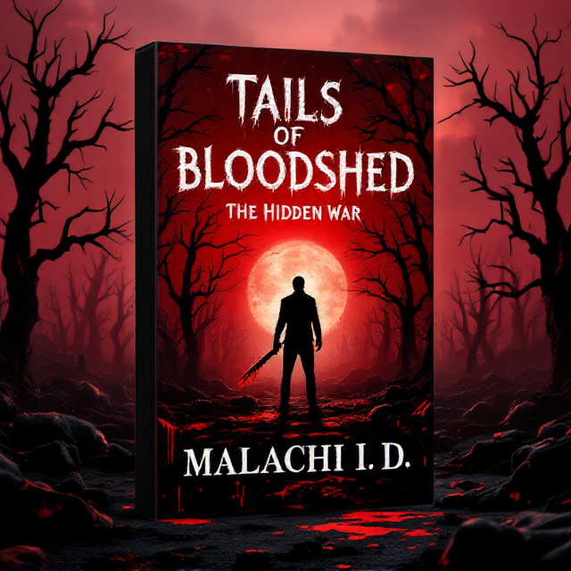 A war-torn battlefield under a blood-red, ominous sky with jagged silhouettes of lifeless, gnarled trees in the background. In the center, a man stands alone, his figure shadowed, holding a blood-slicked weapon. The ground beneath is soaked in dark crimson with bodies and remnants of war scattered across the field. Blood splatter effects blend seamlessly with the background to heighten the atmosphere of horror and despair.